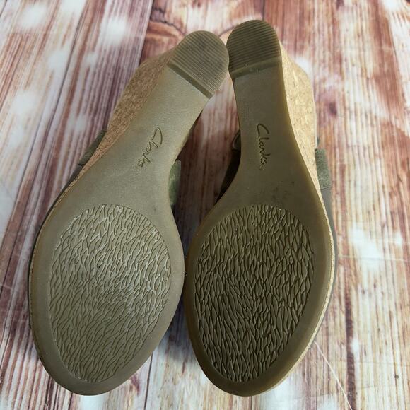 Clarks LAFLEY JOY Sz 7 Gray Leather Suede Cork Wedge Heel Sandals Open Toe Shoes - Picture 8 of 10